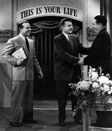 Ralph Edwards, with Don Rutter and Roy Keyser, both survivors of "Hell University". This Is Your Life show, October 1953